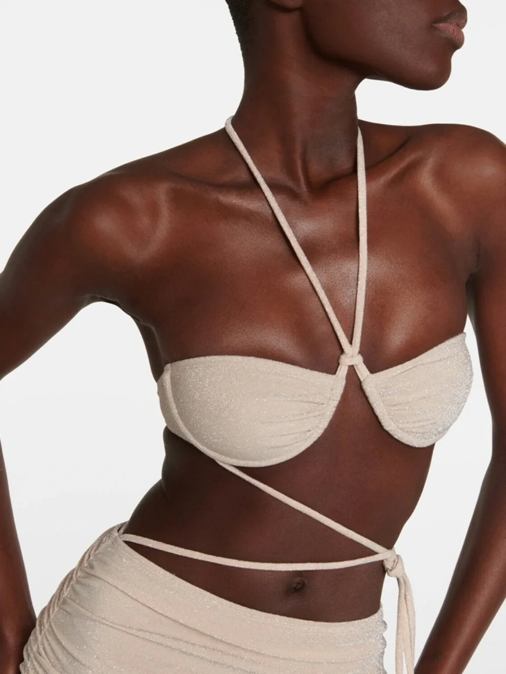 Sculpted Ruched Midi Dress in Glitter Neutral Beige - Picture 5 of 6